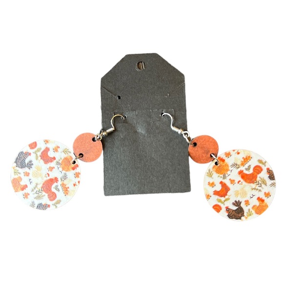 Wooden Round Chicken Print Drop Dangle Earrings - Picture 3 of 5